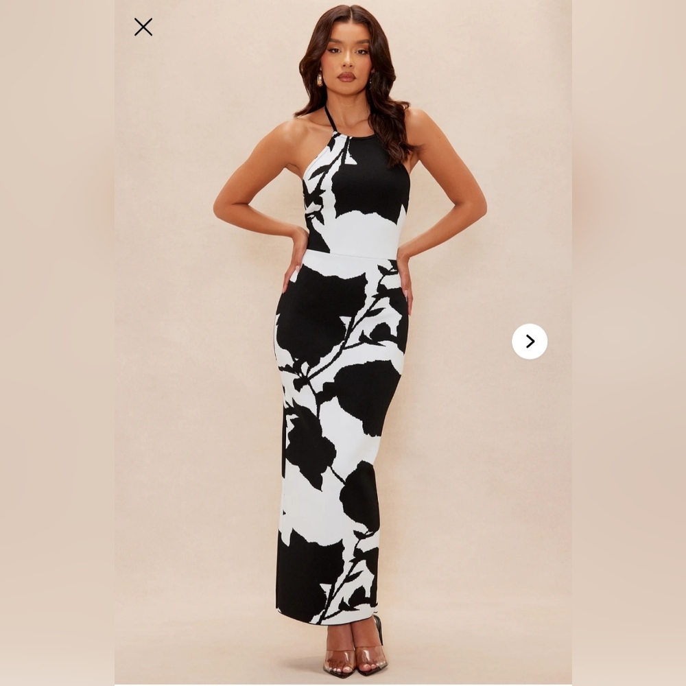 Fashion Nova Womens LUXE Black & White Halter bandage Floral Midi Dress